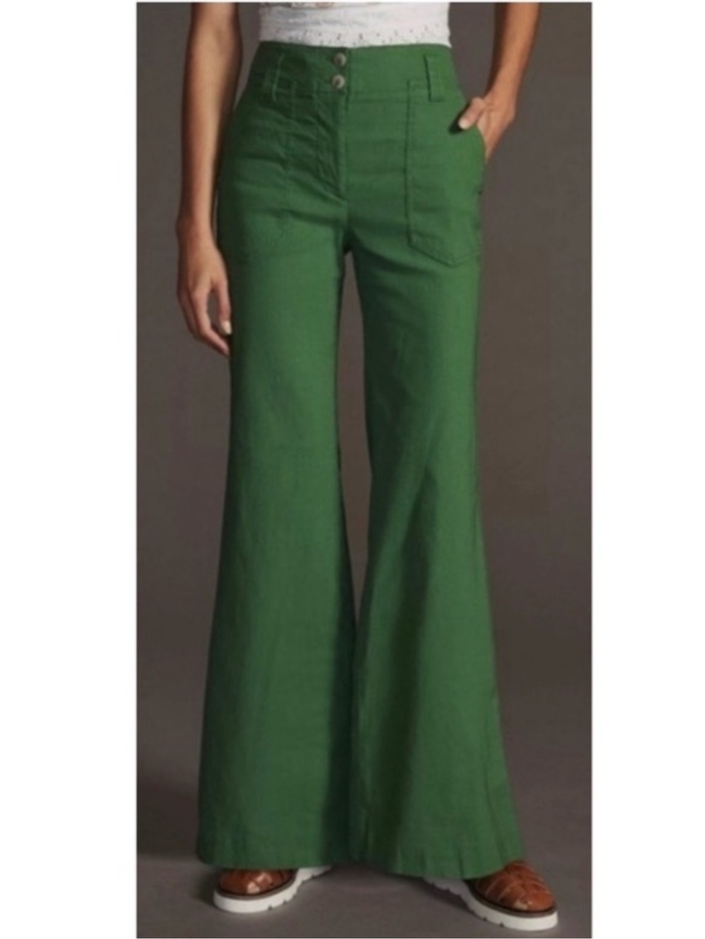 Anthropologie Maeve The Naomi Linen Wide-Leg Flare Pants Green size 14